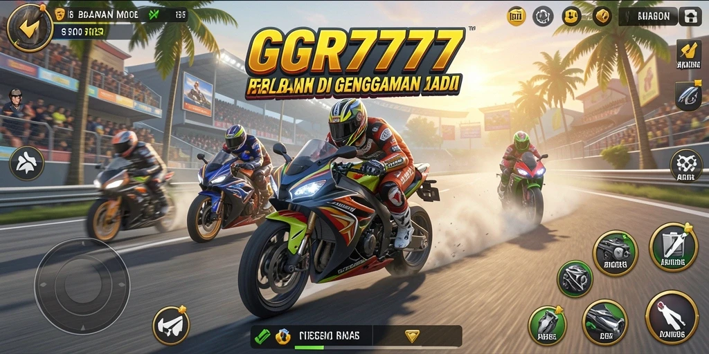 Screenshot gameplay GGR7777 menunjukkan aksi balapan motor yang mendebarkan.