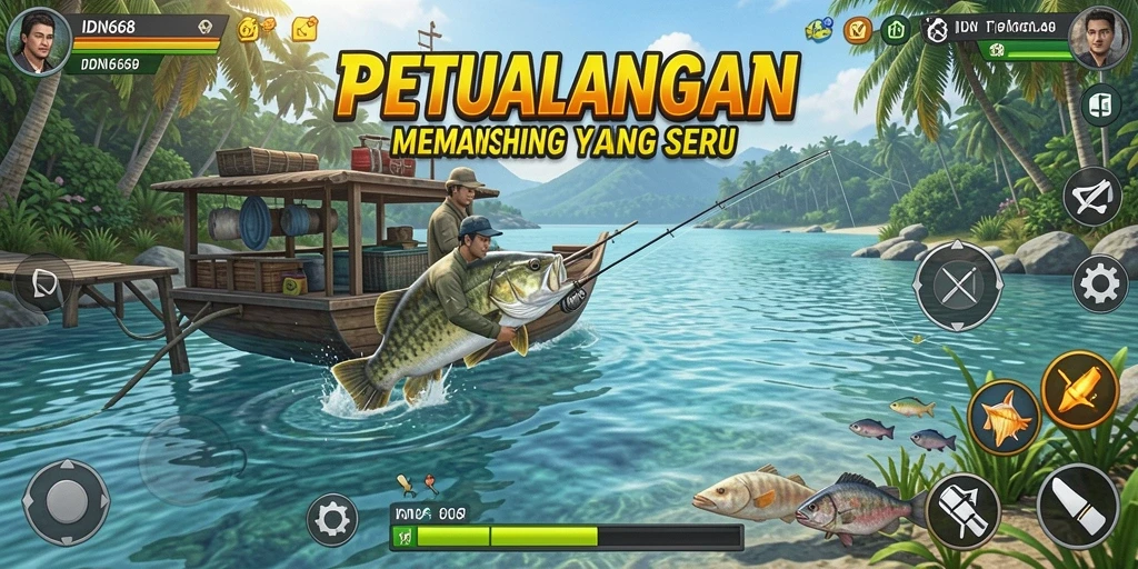Tampilan gameplay IDN668 yang memukau saat memancing di danau.