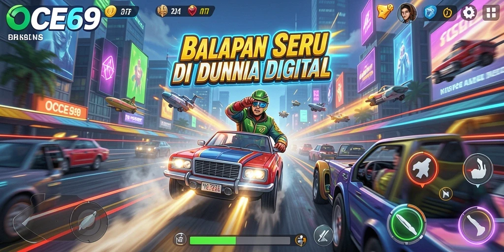 Screenshot gameplay OCE69 menampilkan aksi balapan yang mendebarkan dan mobil dengan desain keren.
