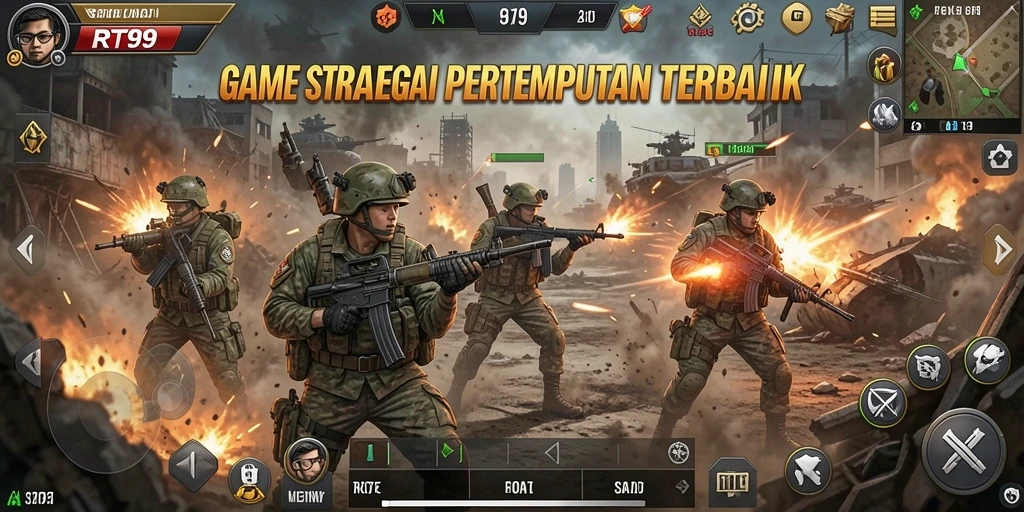 Screenshot utama RT99 menunjukkan pertempuran seru dalam gameplay SLG.